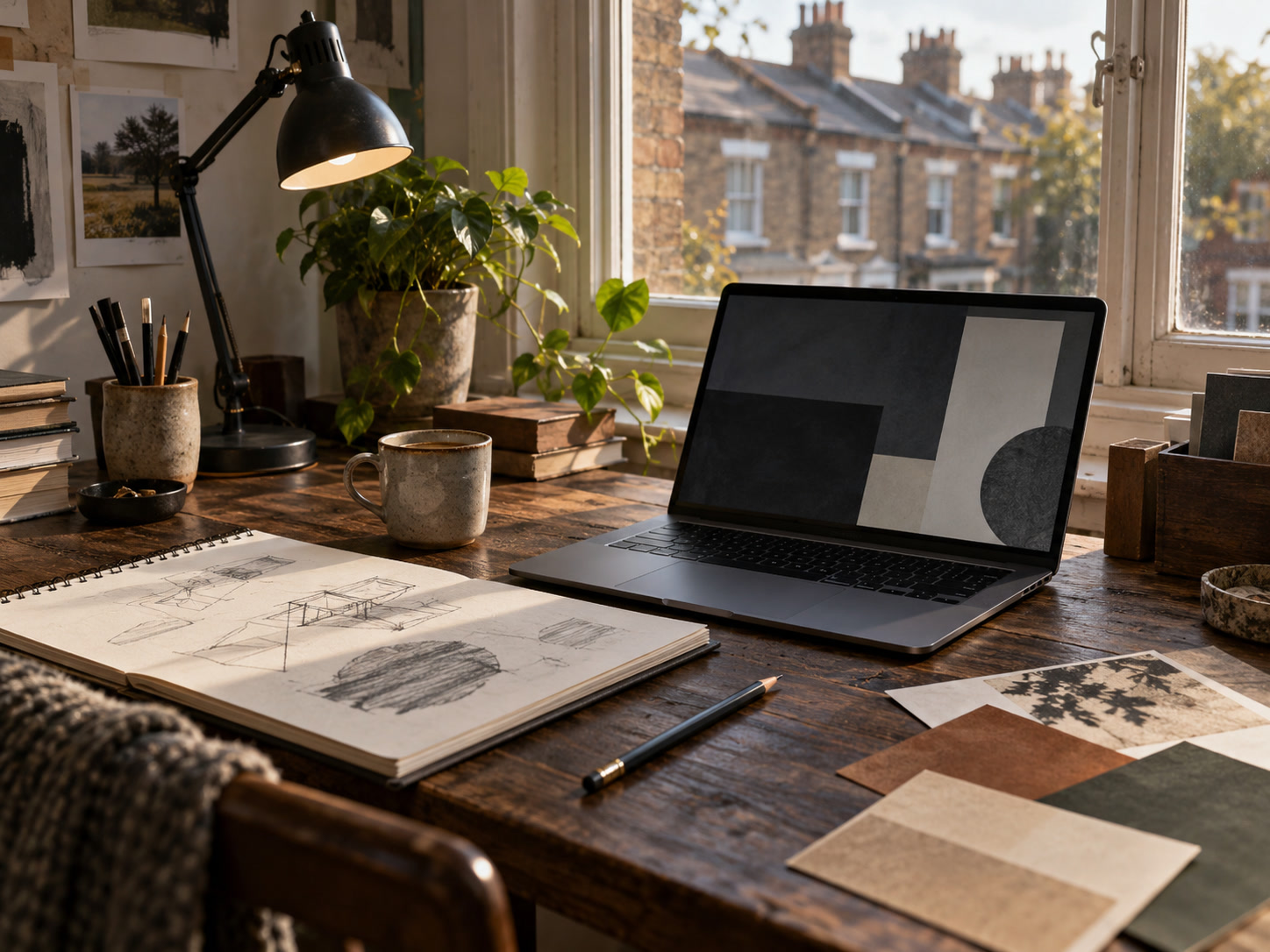 An independent creative’s desk with a laptop, sketchbook and paper samples