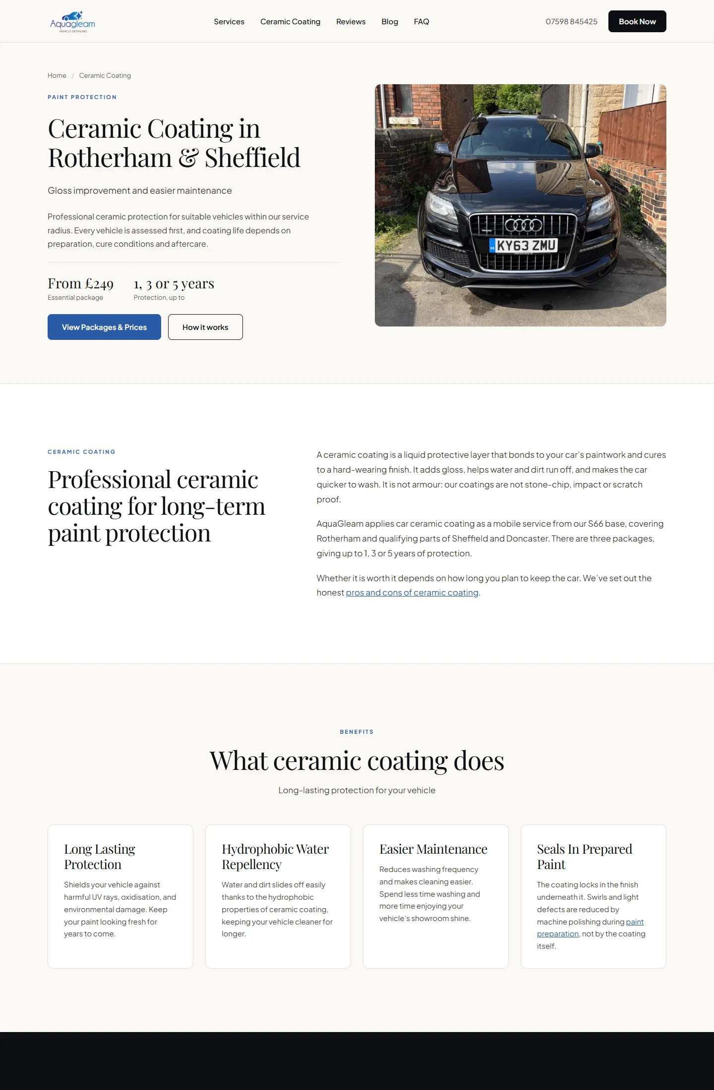 The AquaGleam ceramic coating page, explaining what a coating does and its protection periods