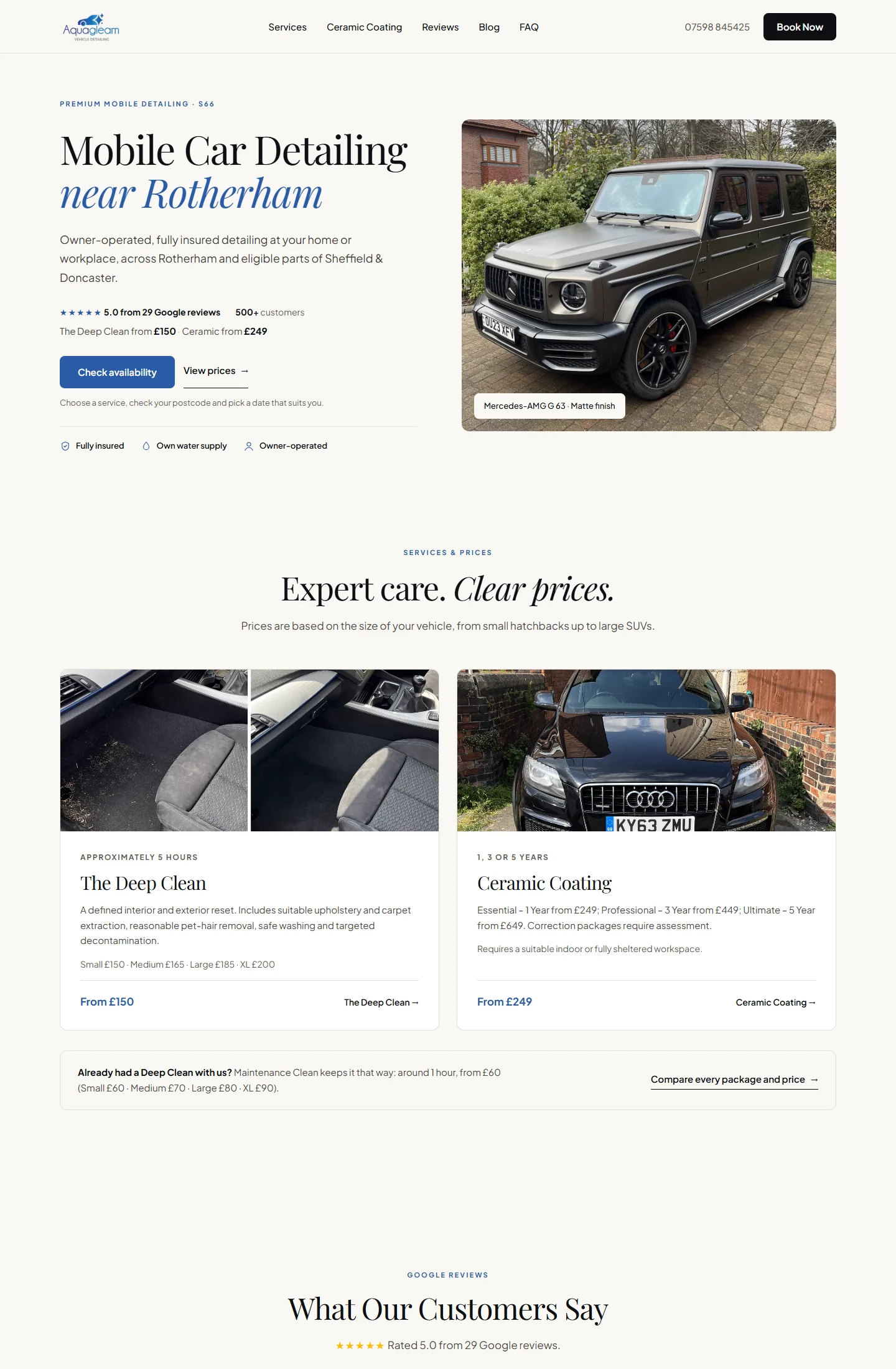 AquaGleam’s homepage, with the services, starting prices and areas covered, followed by the service and price cards