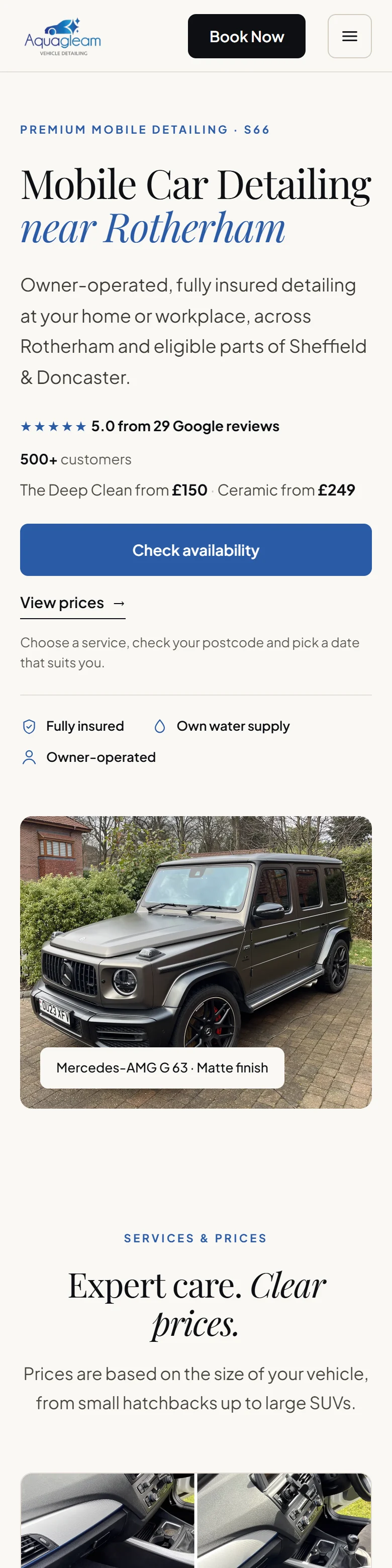 AquaGleam’s homepage on mobile, with the check-availability button near the top