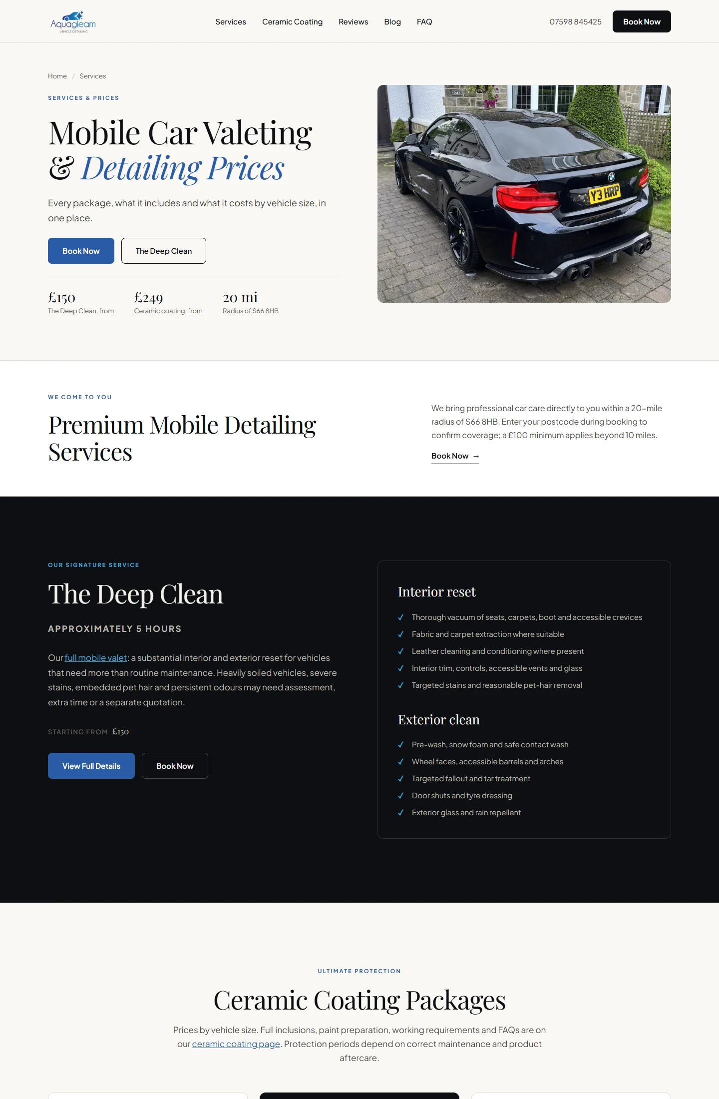 The AquaGleam services page, setting out The Deep Clean and its prices by vehicle size