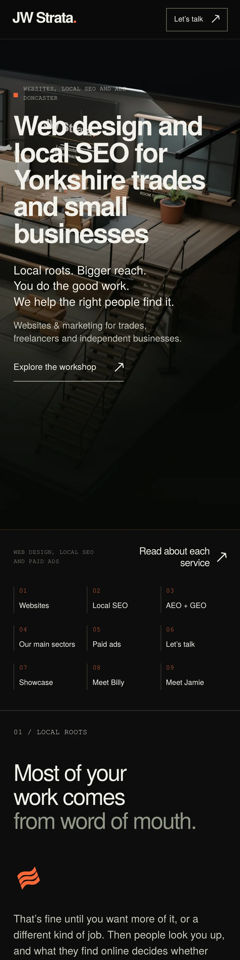 JW Strata’s homepage on mobile, with the workshop still and navigation