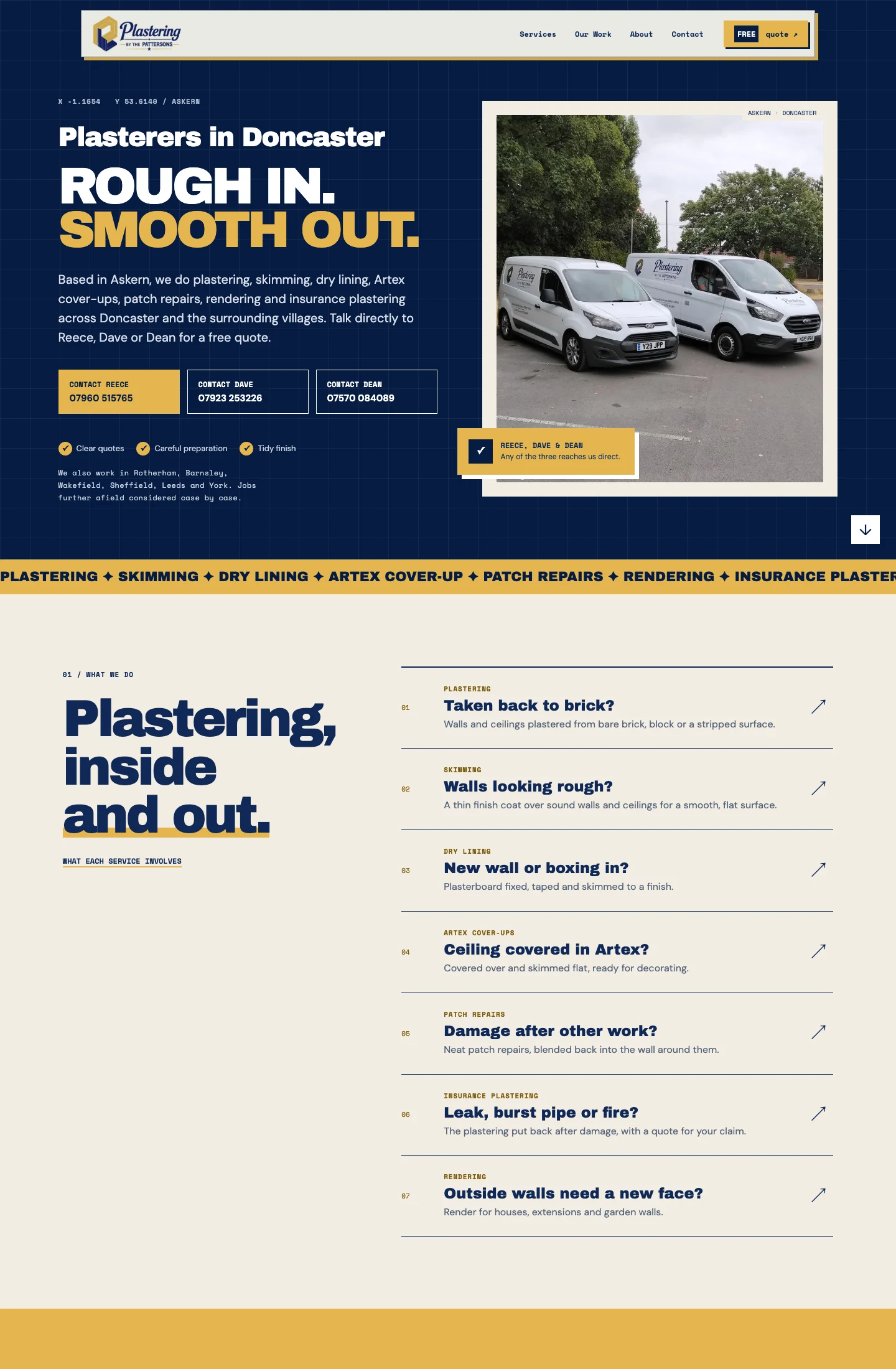 The Pattersons homepage introducing the team, its plastering services and contact details