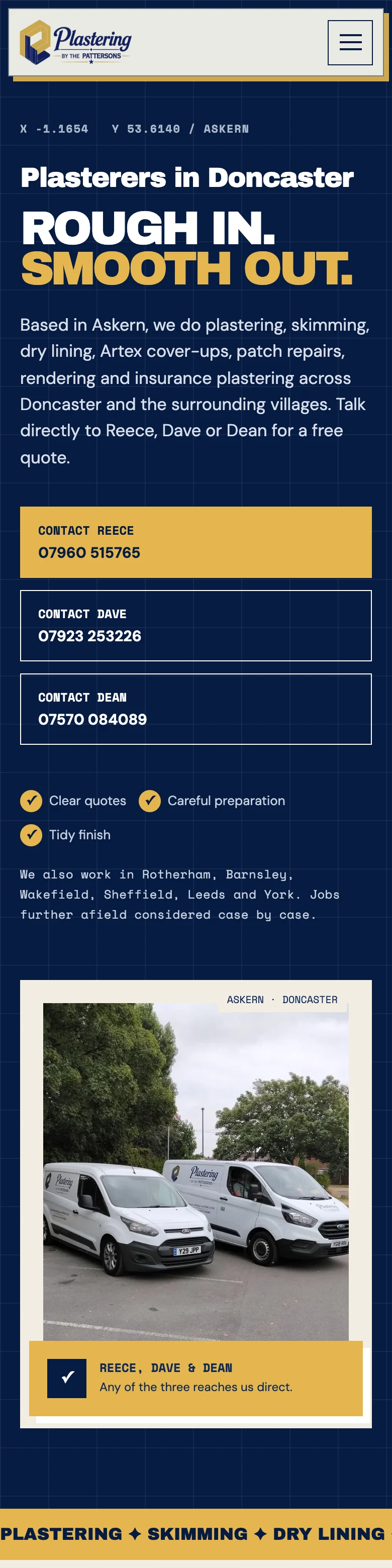 The Pattersons homepage on mobile, with direct contact routes to the team