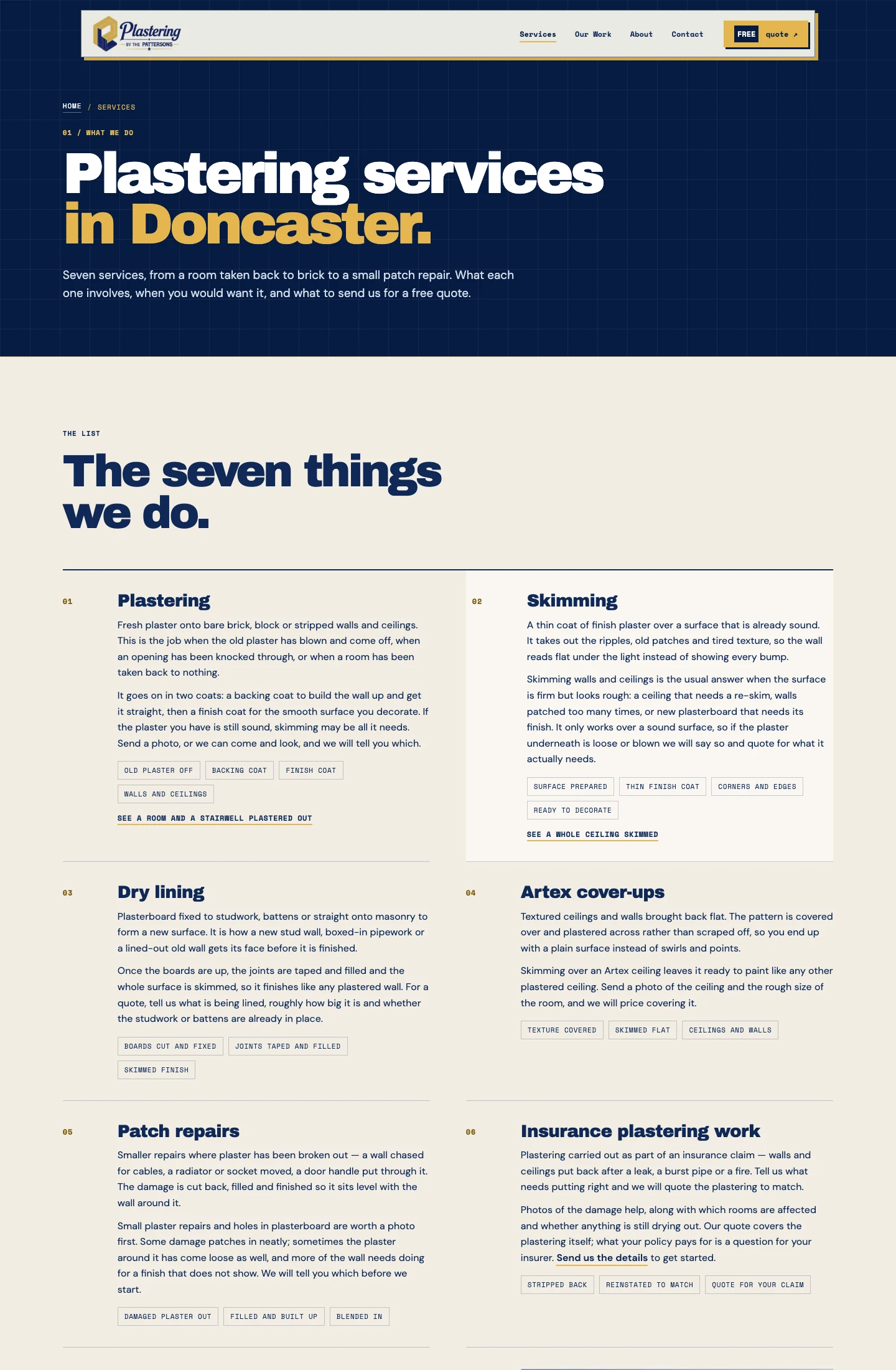 The Pattersons services page explaining the plastering work available