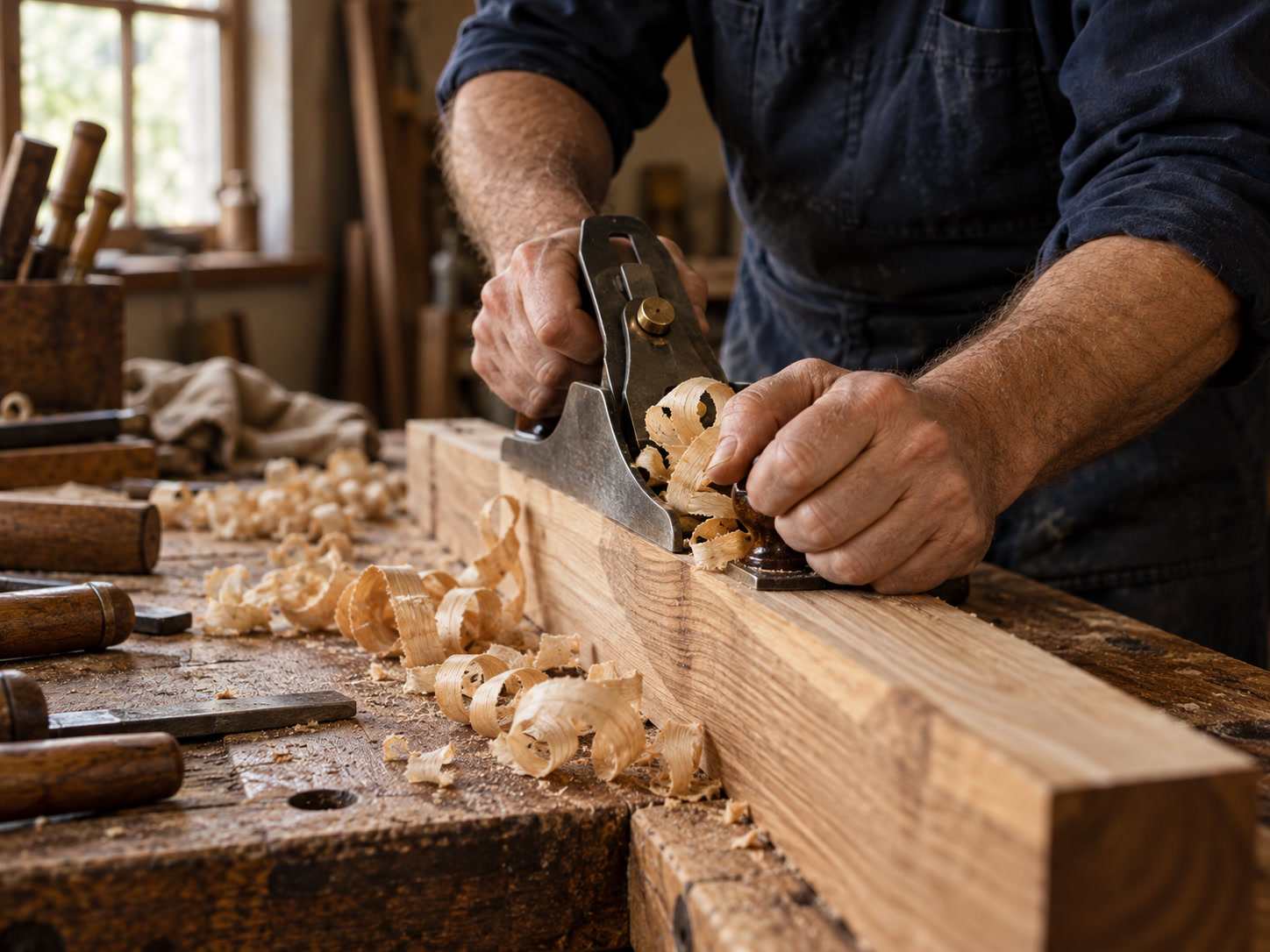 A craftsperson carefully finishing timber at a workbench